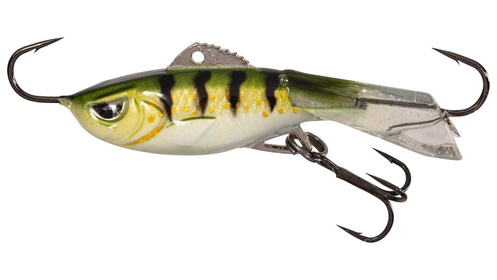 Acme HR6 Hyper-Rattlebait ice blue glow improves night visibility for ice fishing
