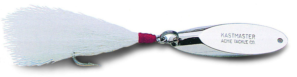 Acme Kastmaster lure with bucktail teaser in chrome finish for versatile saltwater casting and catching game fish
