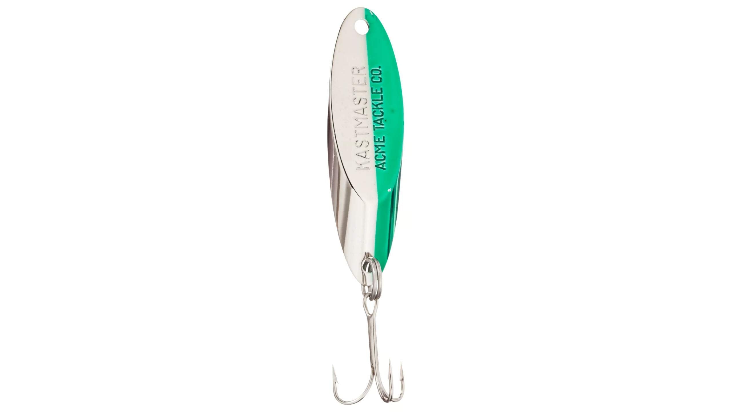 Acme Kastmaster lure chrome neon green side view emphasizing durable brass construction.