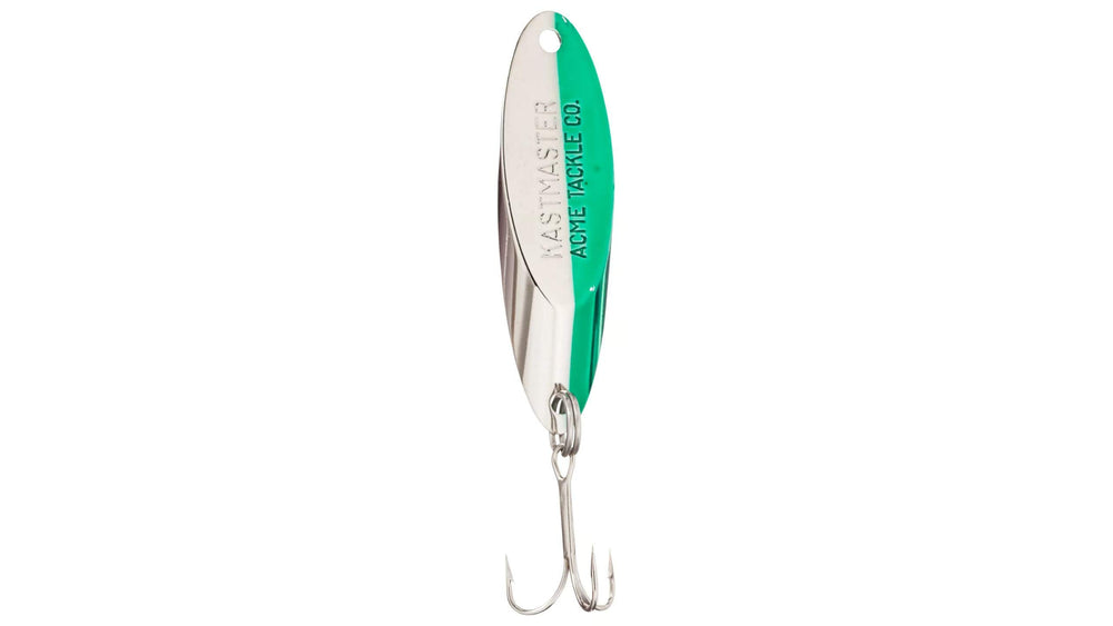 Acme Kastmaster lure chrome neon green side view emphasizing durable brass construction.