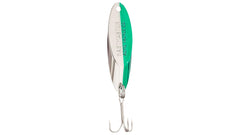 Acme Kastmaster lure chrome neon green side view emphasizing durable brass construction.