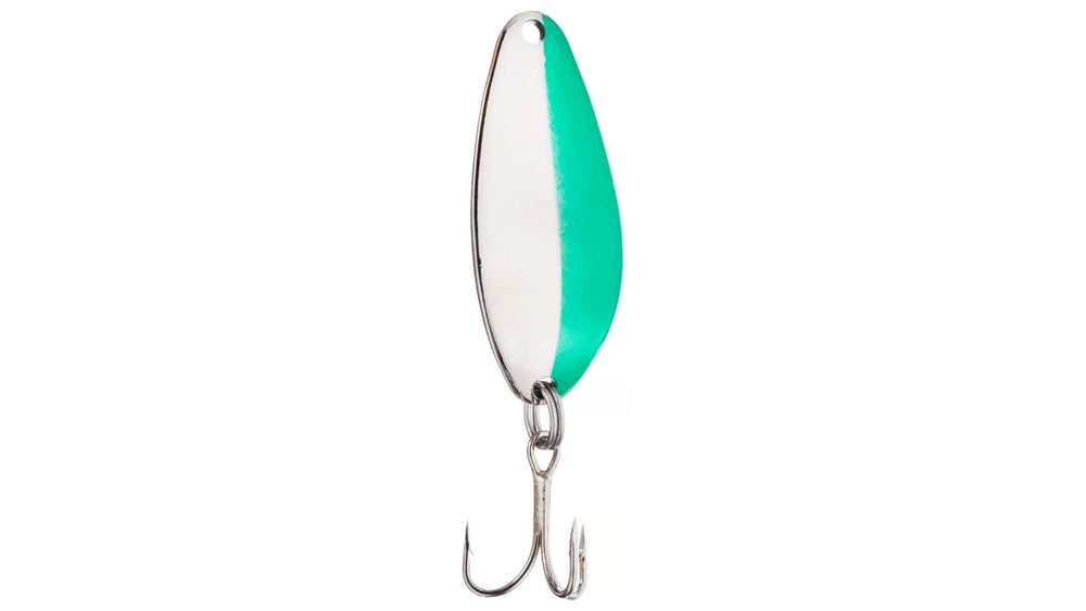 Acme Little Cleo 1/4oz nickel green chartreuse stripe, side view highlights color pattern for bites.