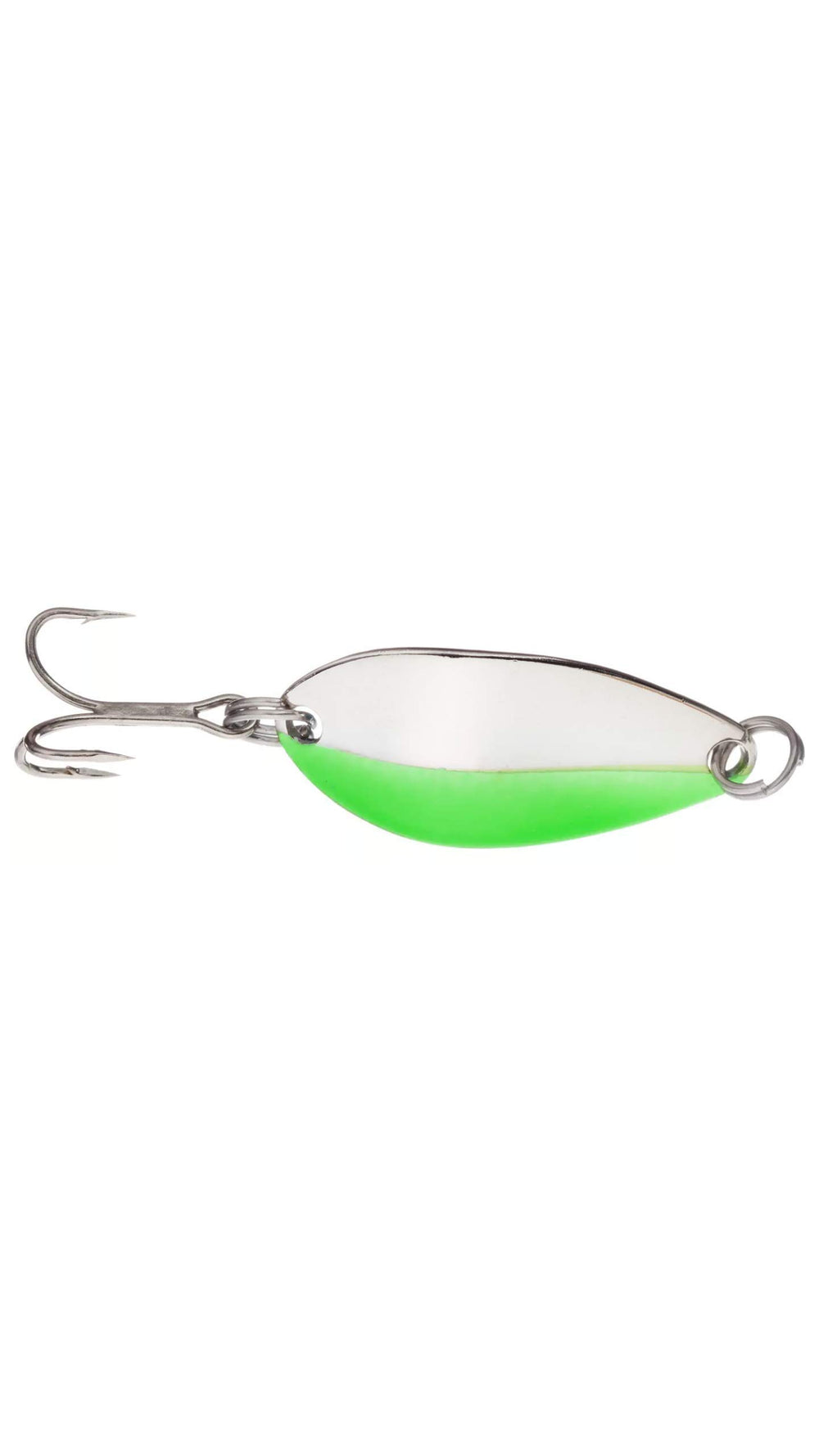 Acme Little Cleo lure silver-green front view highlighting the hump-backed design for enticing action.