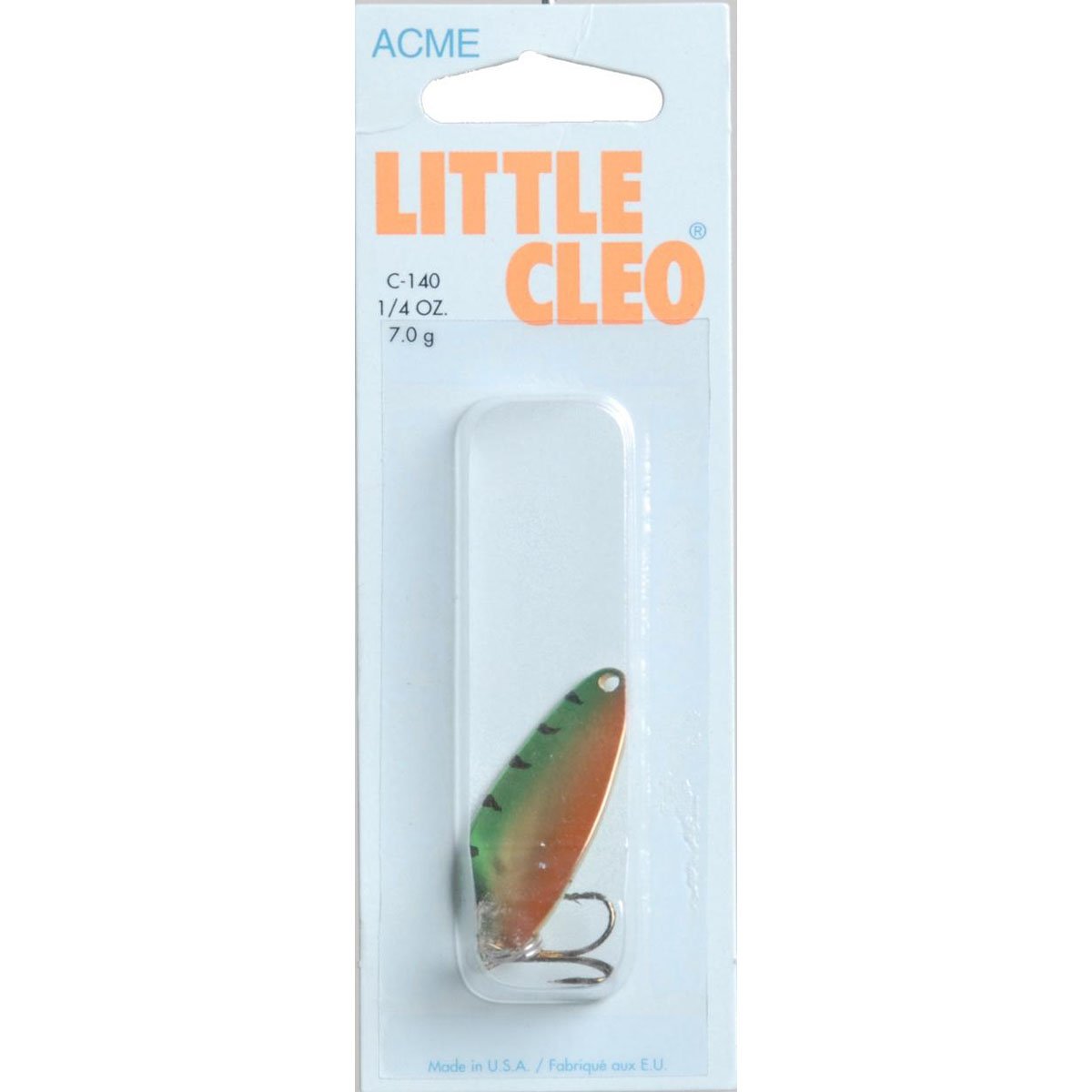 Acme Little Cleo Spoon Metallic Perch finish, orange-yellow-green accents, ideal for versatile freshwater and saltwater fishing
