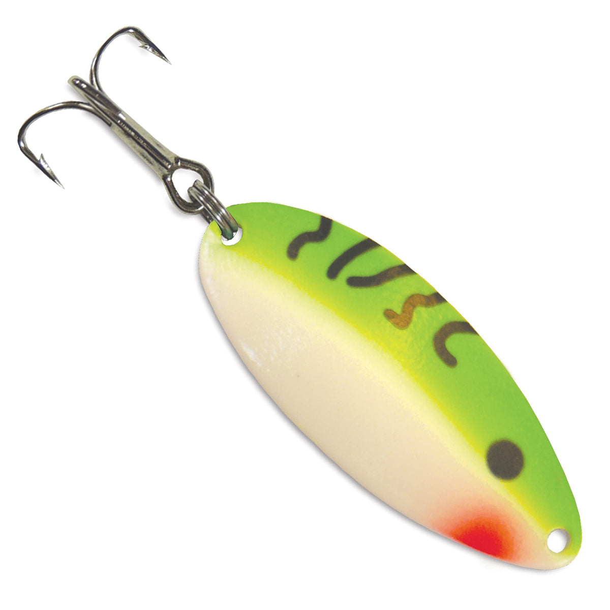 Acme Little Cleo glow-green spoon gliding in water to attract predators.