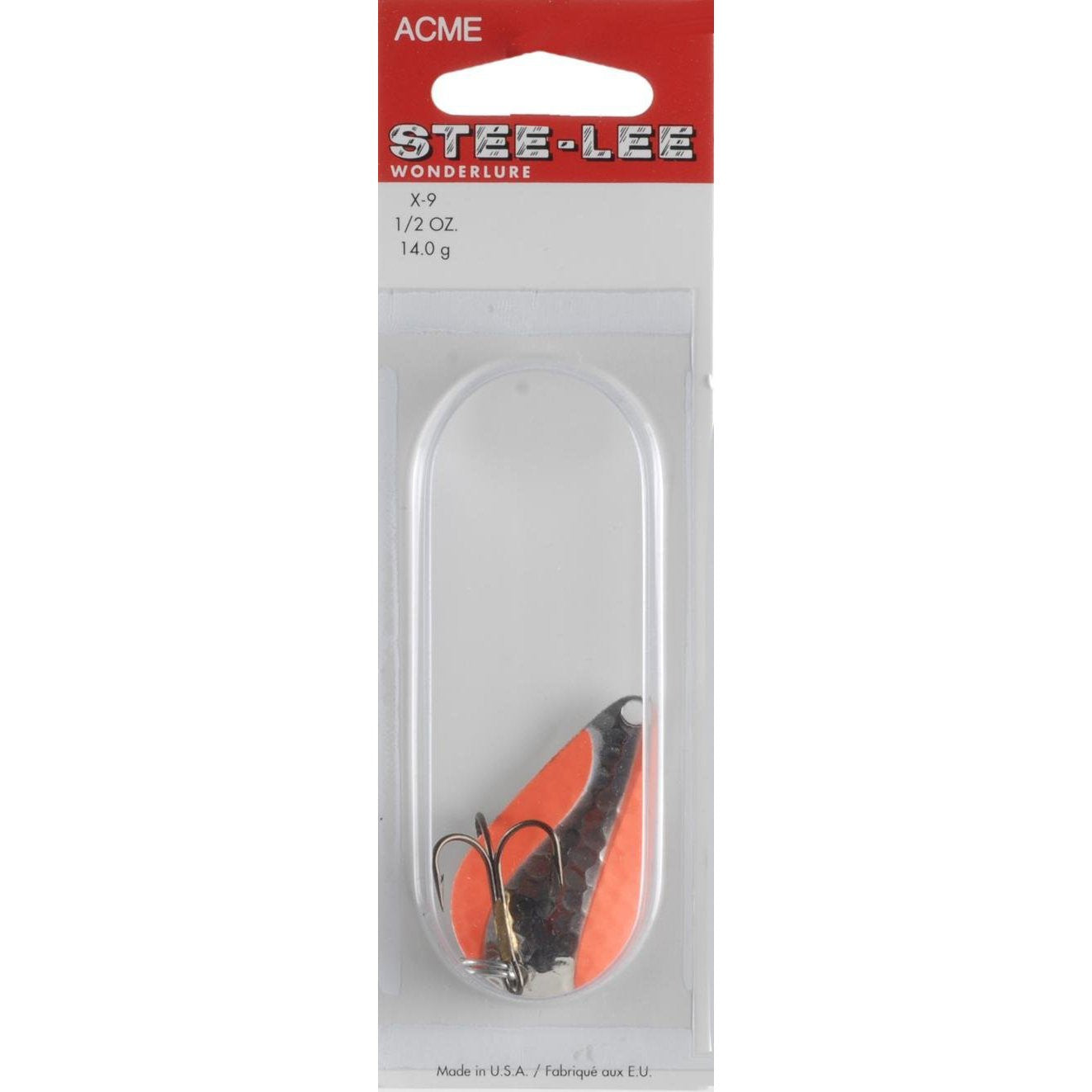 Acme Stee-Lee spoon in hammered fluorescent nickel, designed for moving water steelhead fishing.
