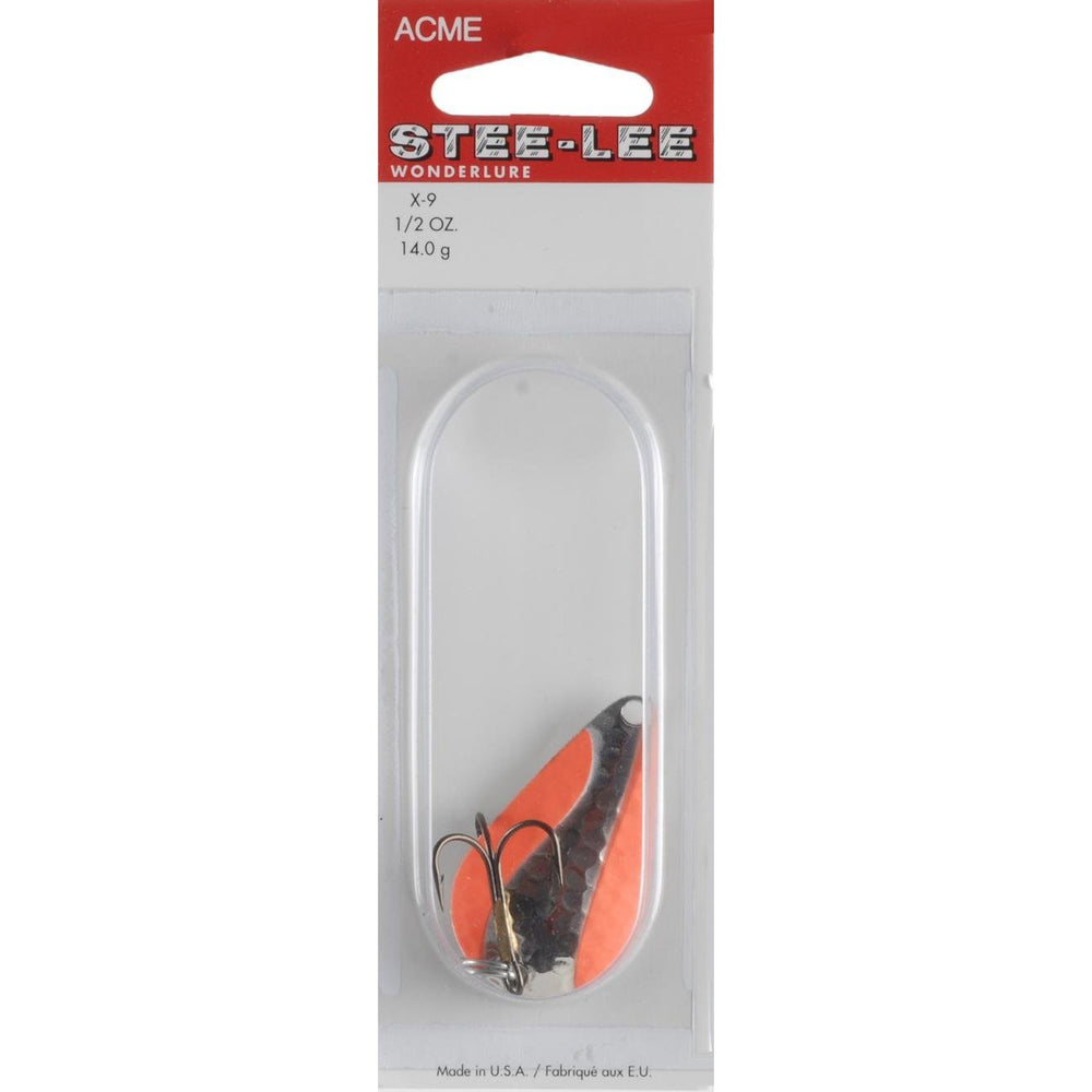 Acme Stee-Lee spoon in hammered fluorescent nickel, designed for moving water steelhead fishing.
