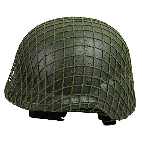 Acogedor helmet net cover in army green on M1 helmet for camouflage.