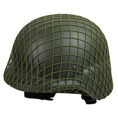 Acogedor helmet net cover in army green on M1 helmet for camouflage.