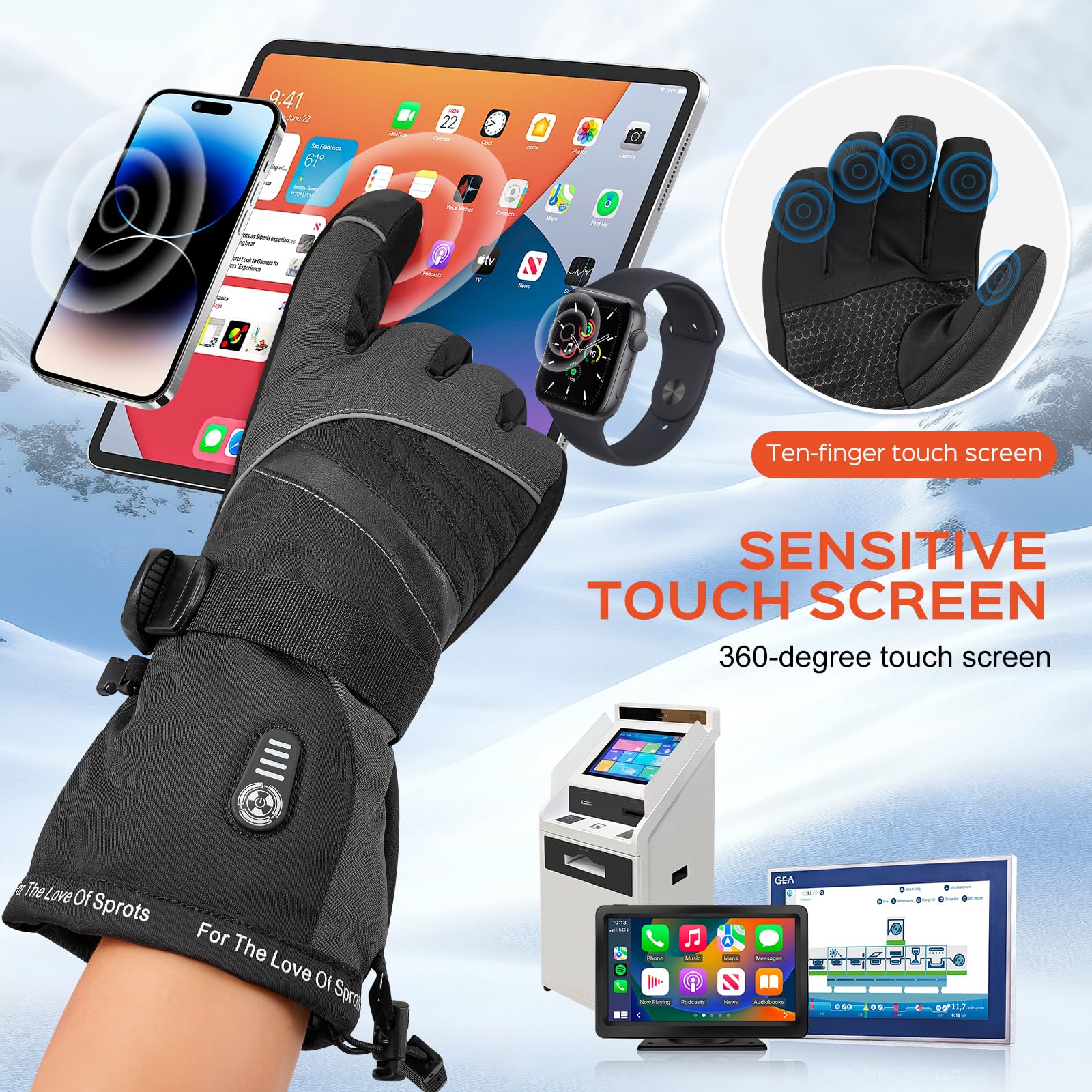 Acroutro heated gloves strap-detail enhances secure, comfortable fit during activities.