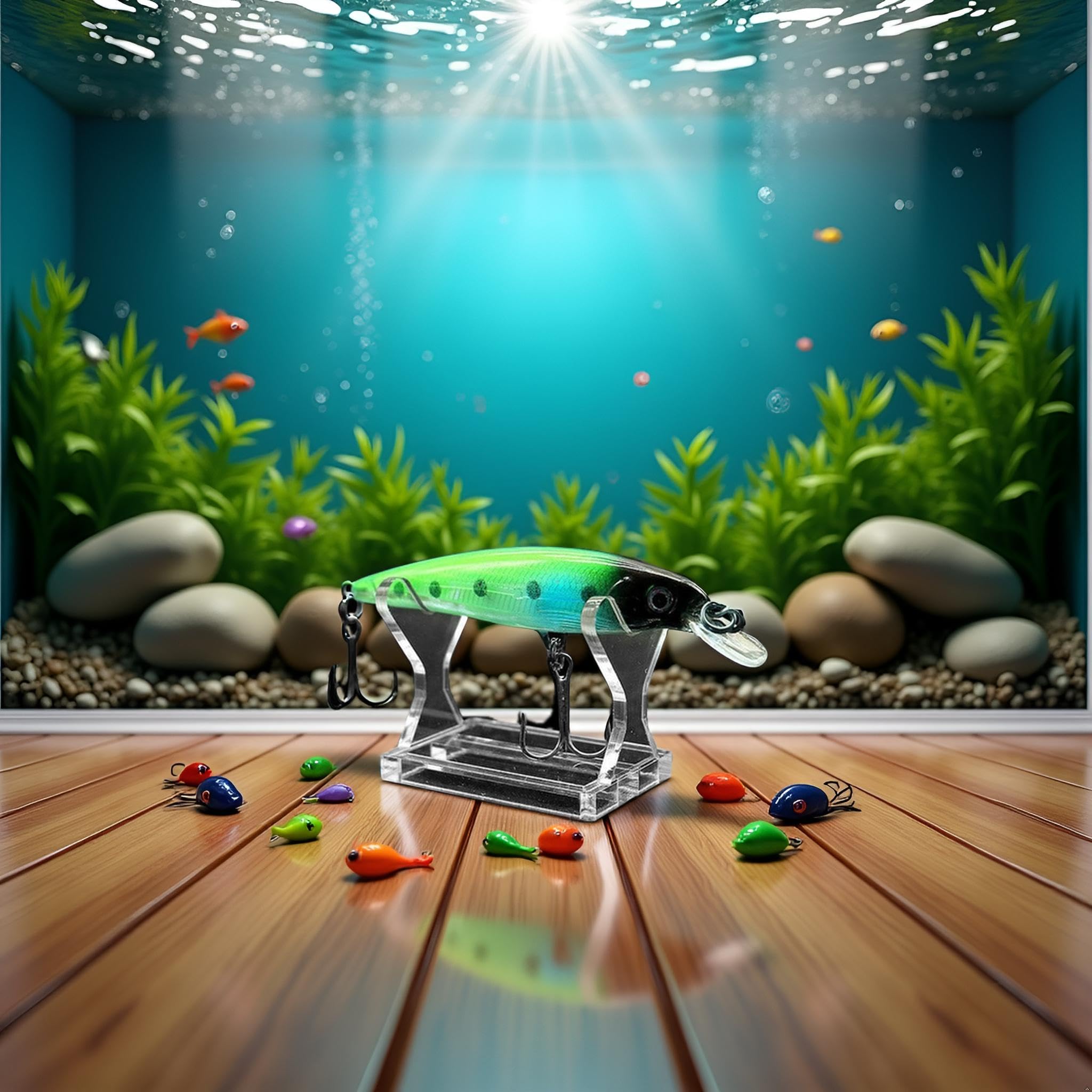 Two clear acrylic lure display stands in a retail setting.