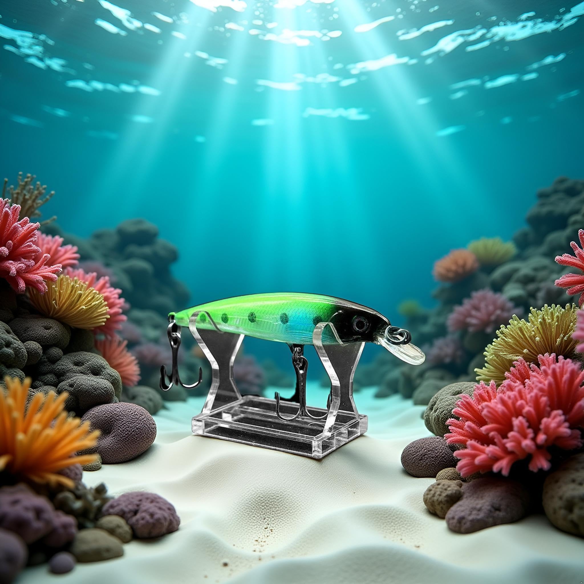 Complete fishing accessories kit with acrylic lure display stands.