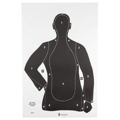 Action Target B-21E silhouette target at 25 yards for practice on durable black cardstock