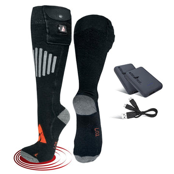 ActionHeat 5V wool socks feature touch-button control for easy heat setting on the go