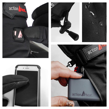 ActionHeat battery pack connected to heated gloves for extended warmth on the go