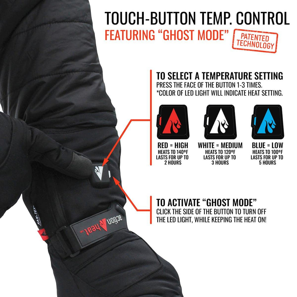 ActionHeat heated gloves low heat at 105°F for long warmth.