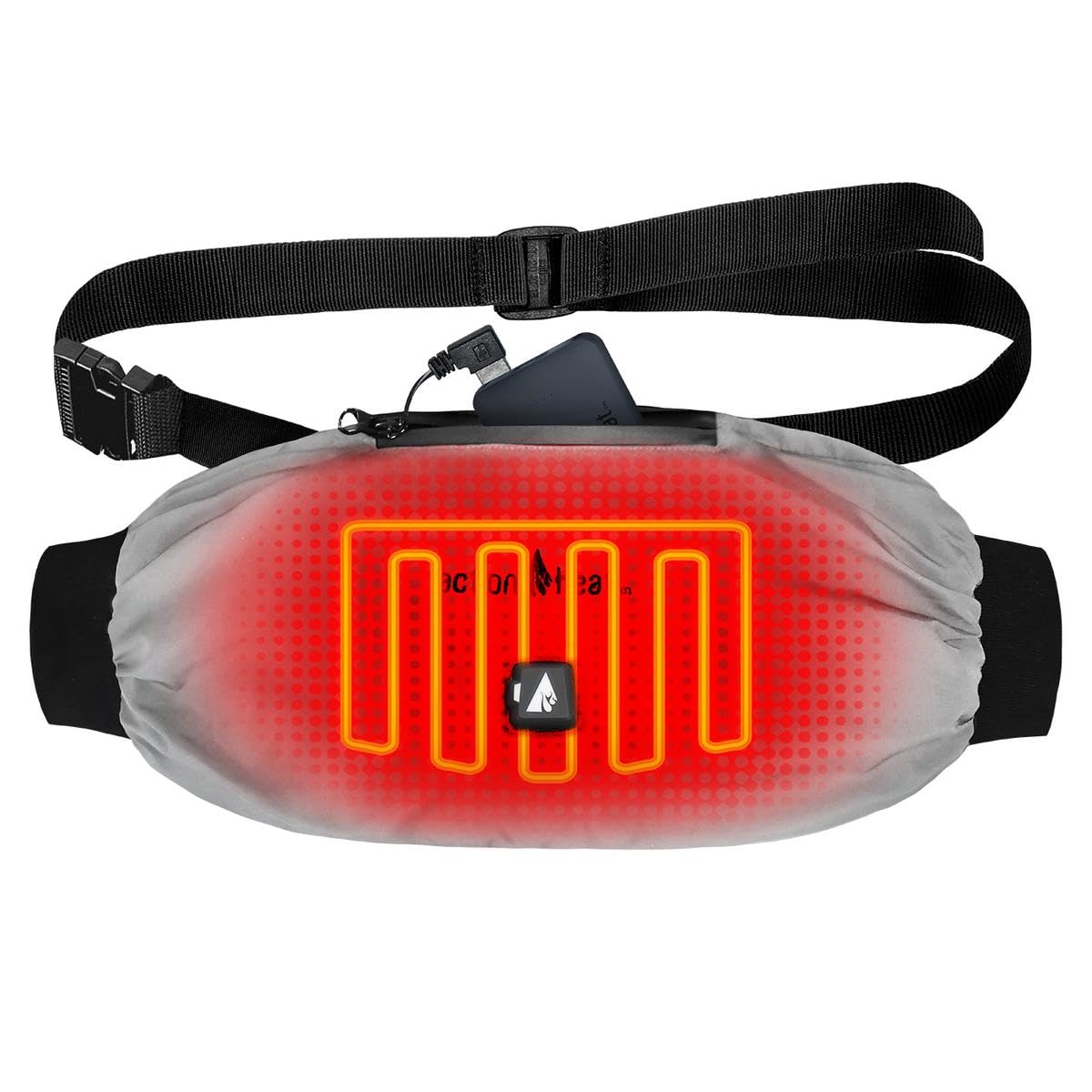 ActionHeat hand muff with built-in panel showing heated warmth outdoors