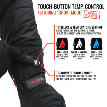 ActionHeat heated gloves heat-settings graphic shows High, Medium, Low warmth options