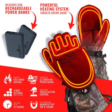 Heating elements along fingers and thumb provide targeted warmth