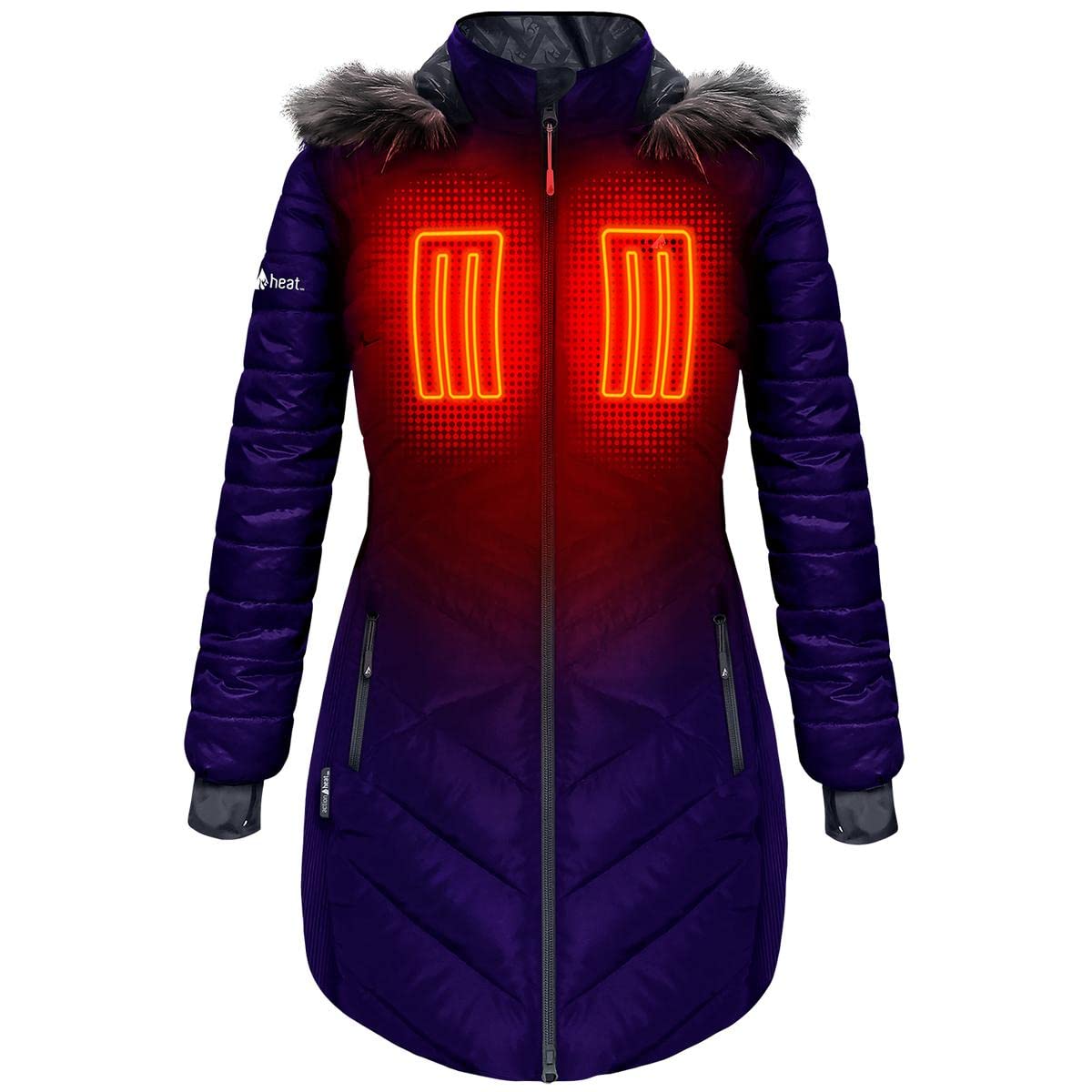 ActionHeat Long Puffer Indigo with detachable faux fur hood for portable warmth on commutes