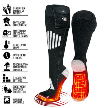 ActionHeat sock with touch-button controls for easy on-the-go heat adjustment