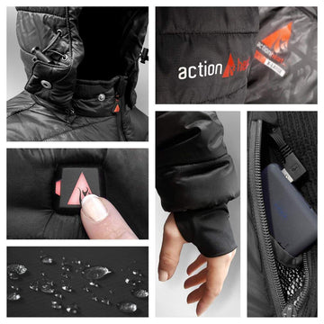 ActionHeat women's 5V heated jacket in a winter night scene demonstrating warmth