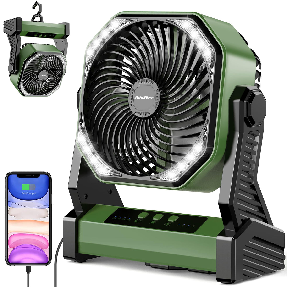 AddAcc 20000mAh camping fan compact design for portable cooling on trips.