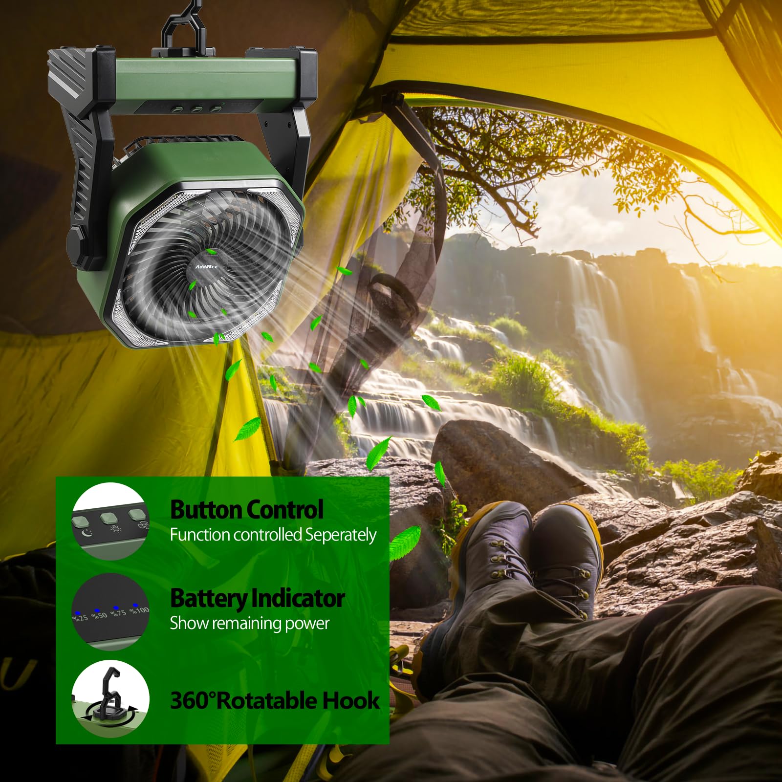 AddAcc 400 lumens LED light illuminates tents and small spaces.