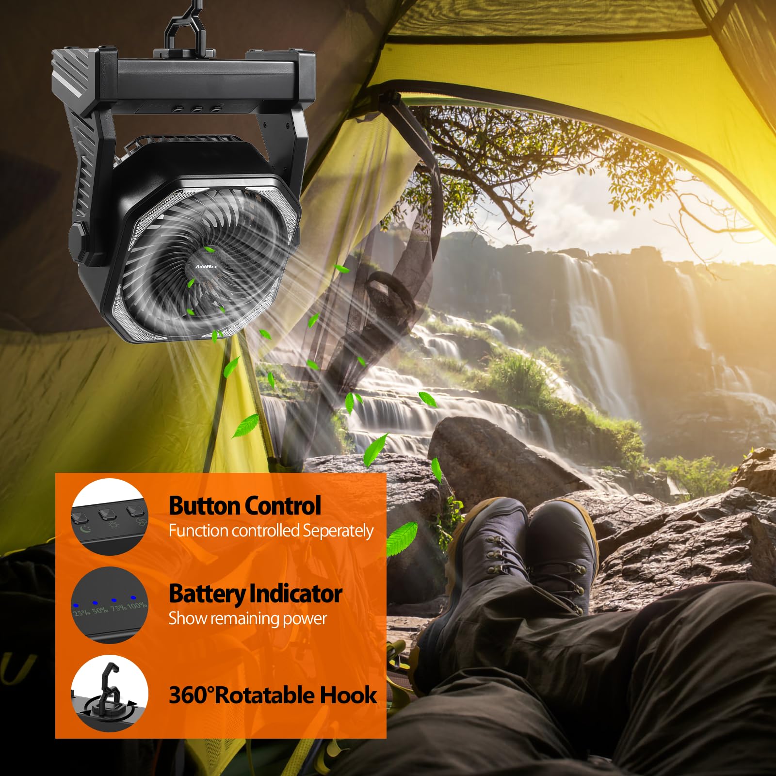 AddAcc camping fan whisper-quiet operation keeps campsites peaceful