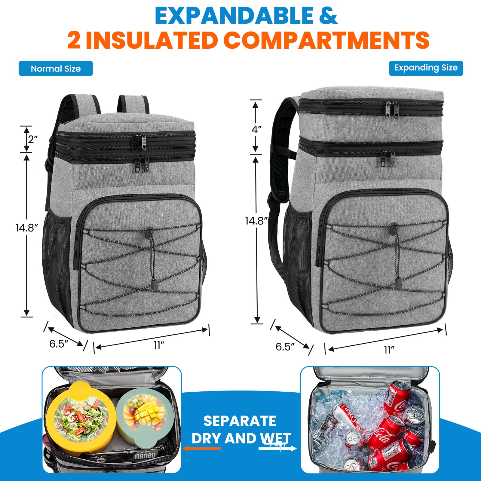 ADDIMOR Expandable Cooler Backpack open reveals extra space for snacks and lunches
