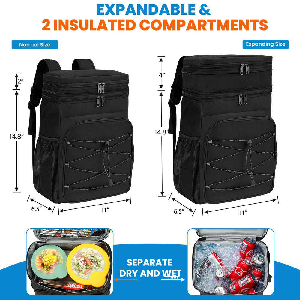 ADDIMOR Expandable Cooler Backpack expanded-compartment reveals extra space for snacks and lunch
