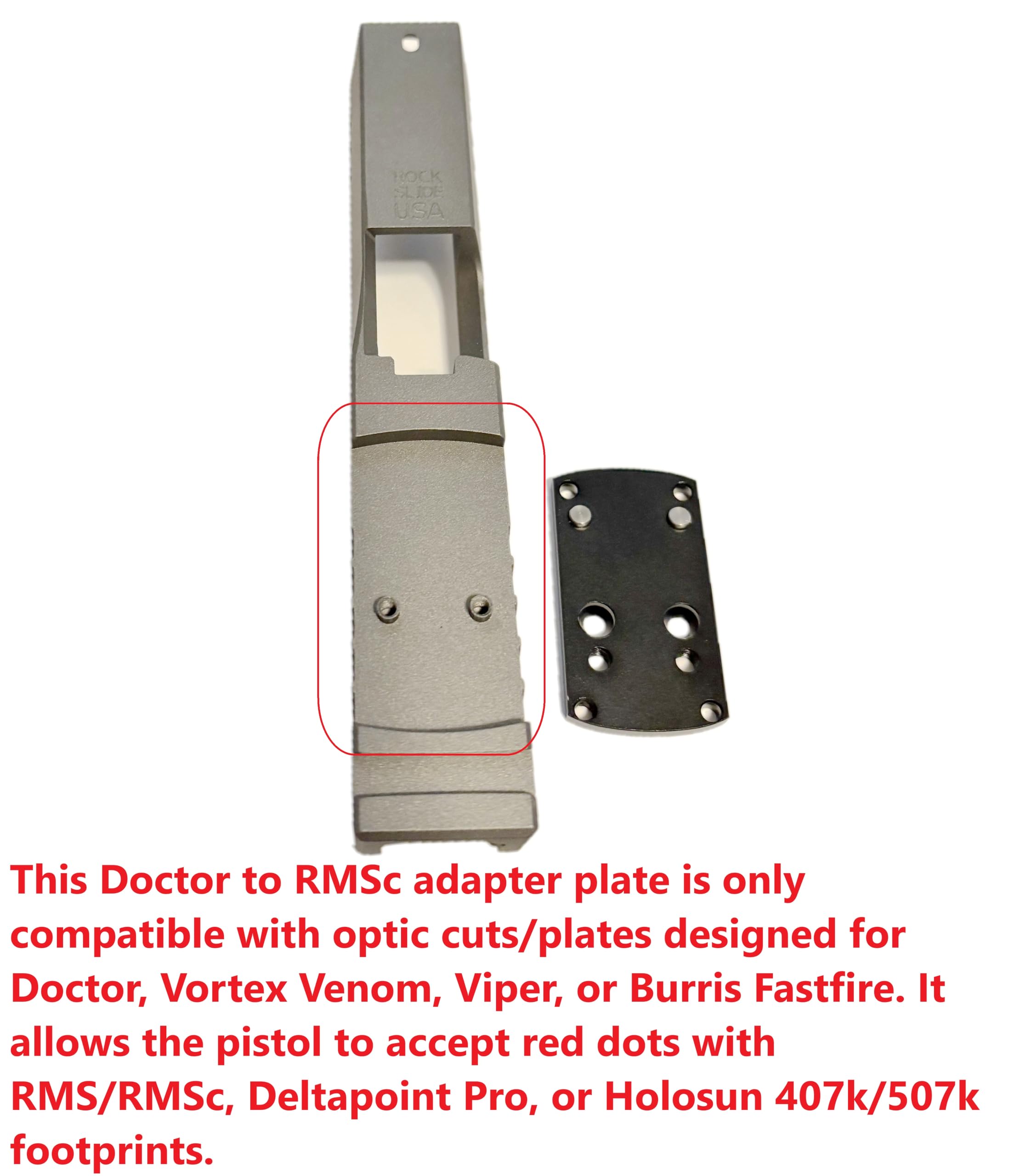 ADE adapter plate mounted on pistol slide enables quick red dot mounting.