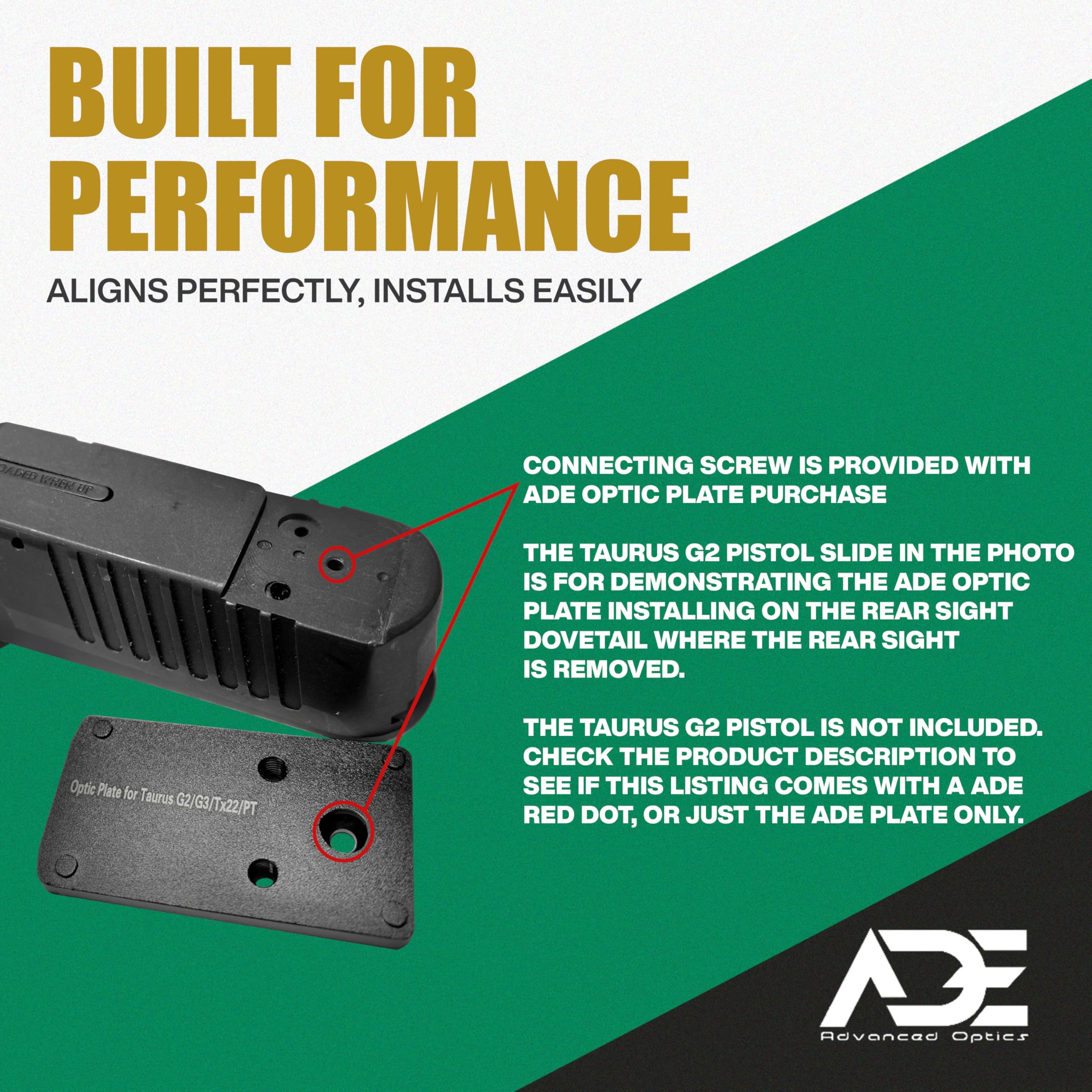 ADE dovetail optic plate replacement supports rear-sight mounting on compatible Taurus models.