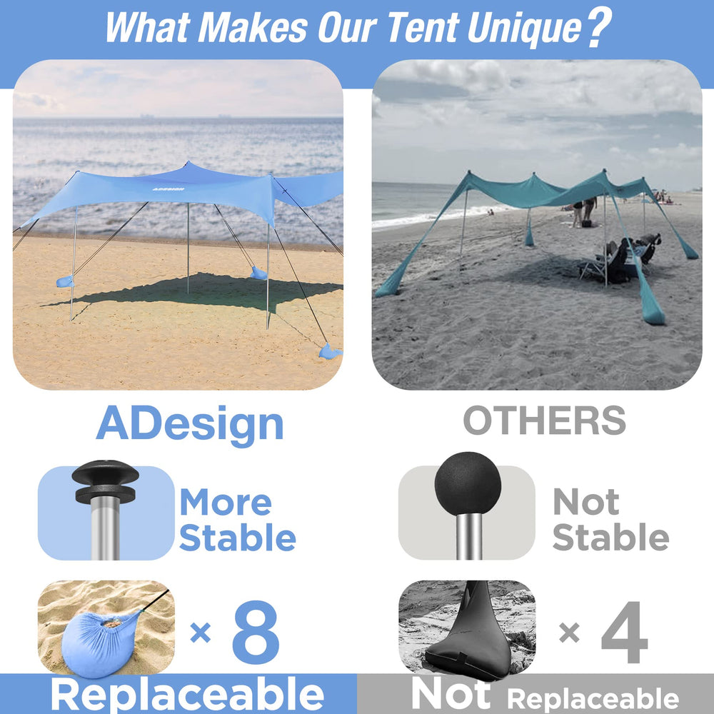 ADesign eight-sandbag system anchors the canopy against gusts.