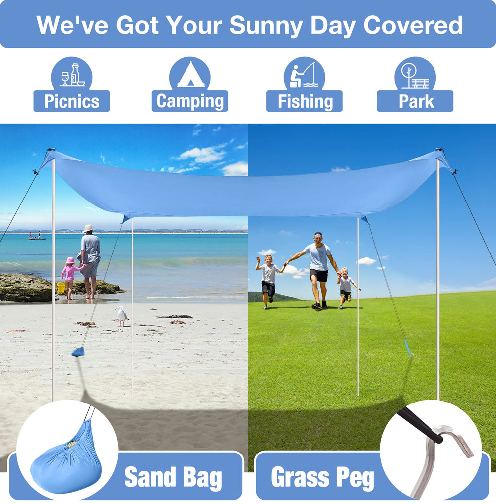 ADesign portable beach canopy folds into a compact carry bag.