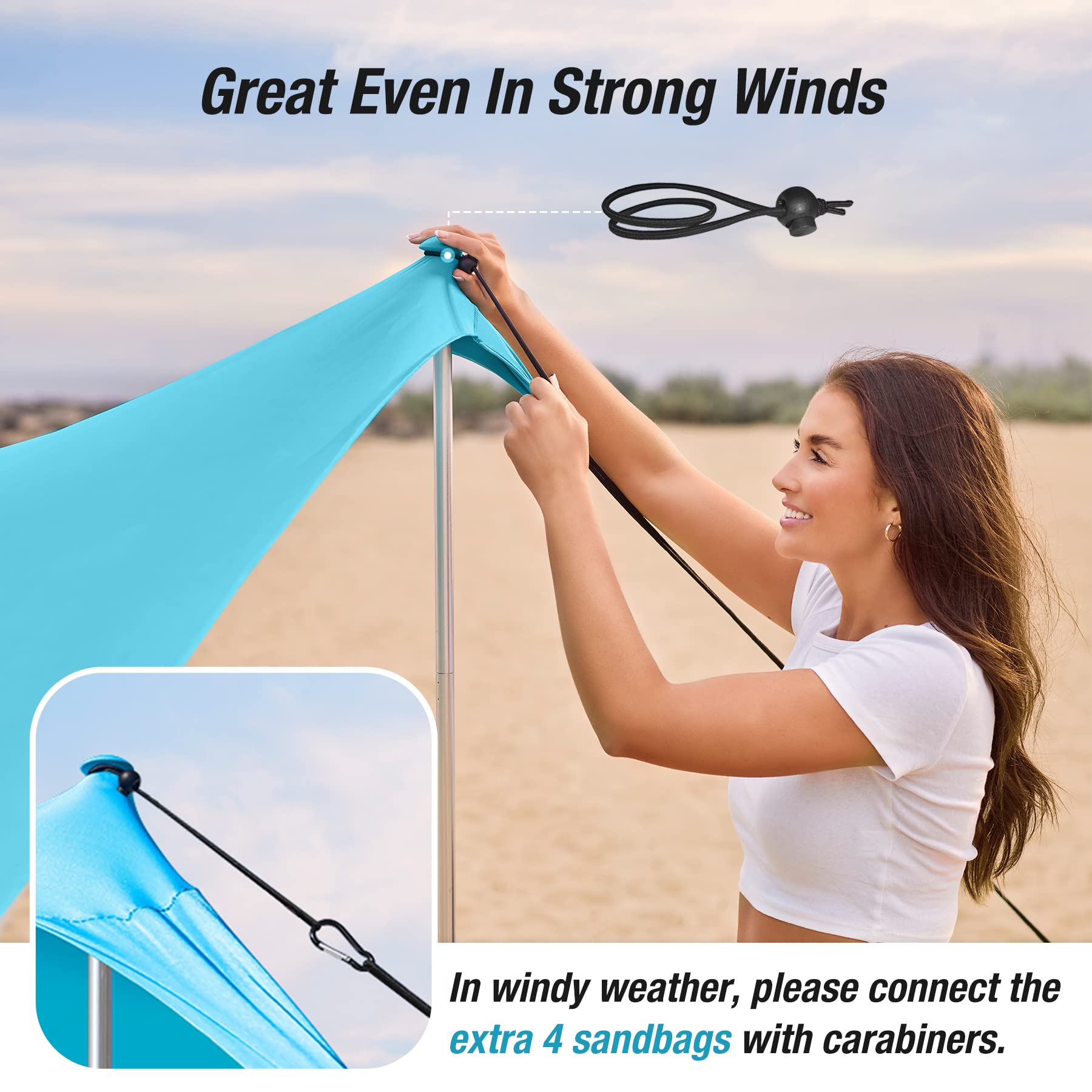 ADesign windproof beach tent side with sandbags highlights wind resistance and stability.