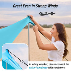 ADesign windproof beach tent side with sandbags highlights wind resistance and stability.