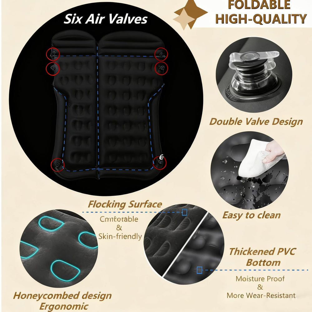 Adirigo car air mattress placed on backseat during road trip for cozy rest.