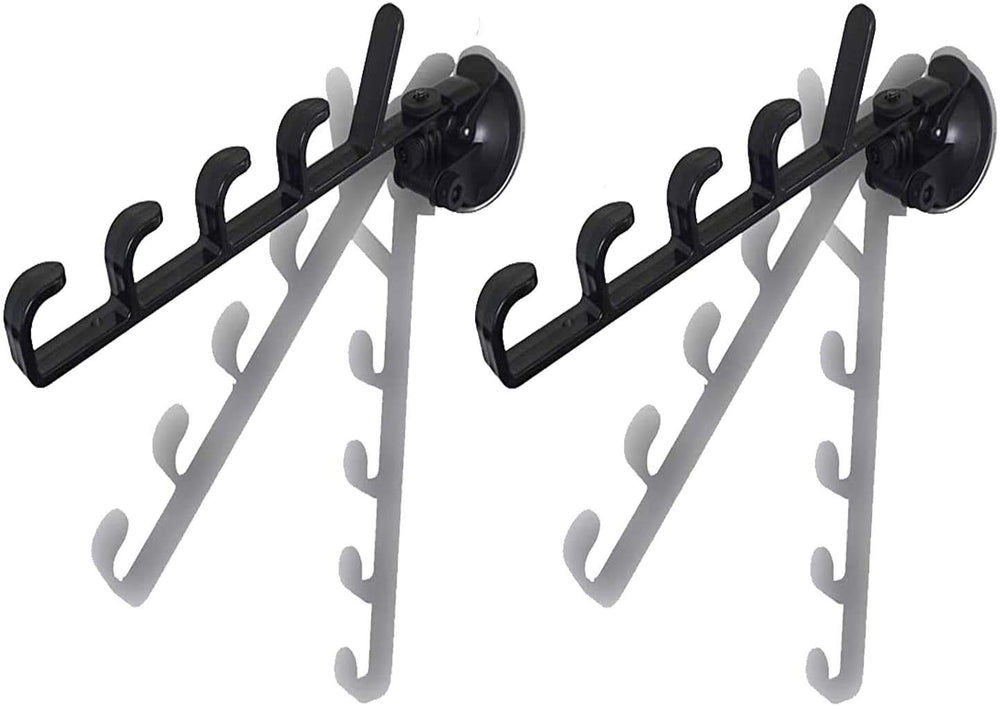 Adjustable fishing pole rack with dual suction cup mounts on vehicle surface