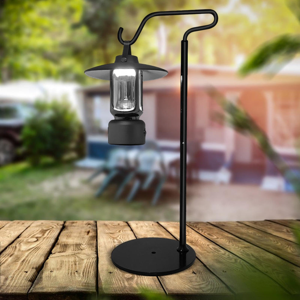 Adjustable shepherd's hook lantern stand offers tool-free, quick setup.