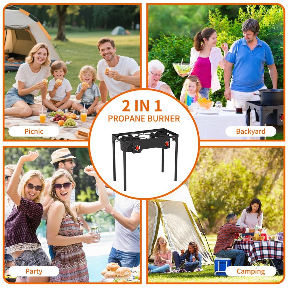 ADREAK 2 burner stove outdoor-use ideal for camping, backyard gatherings, and picnics.