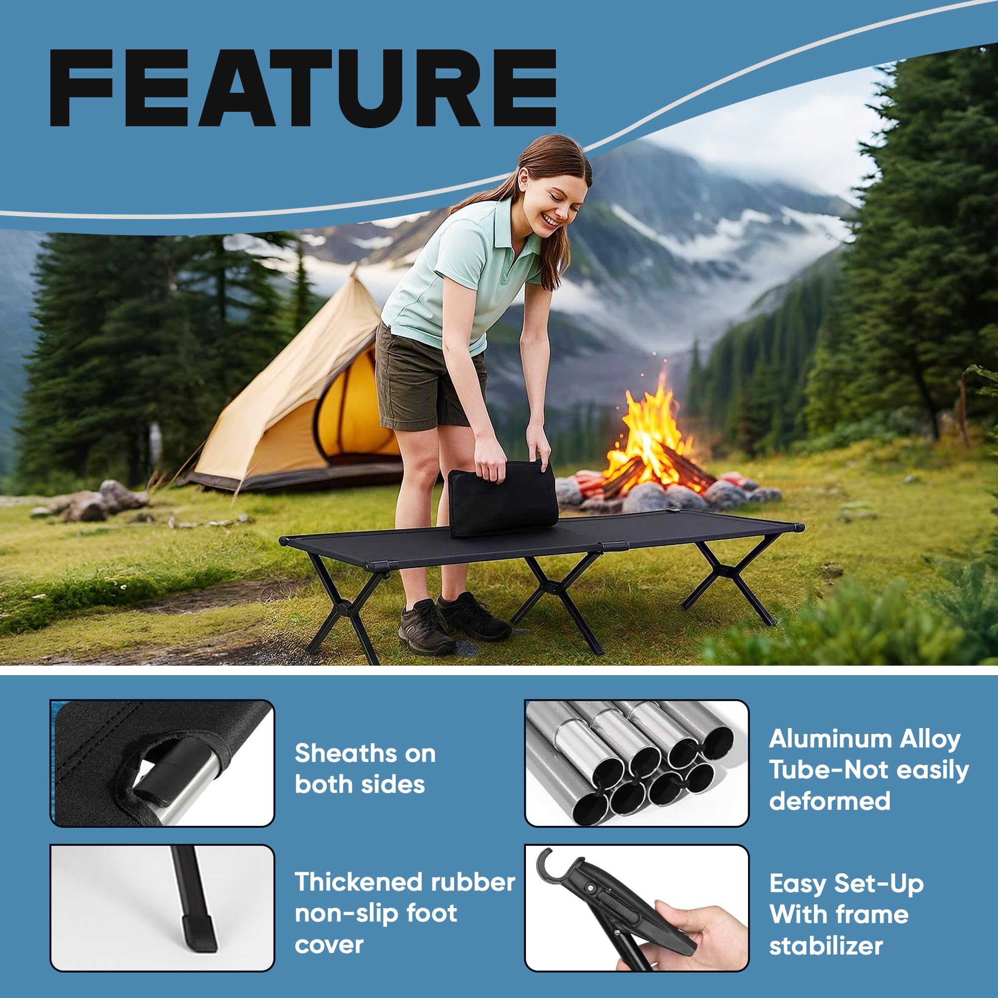 ADVANCAMP Ultralight Camping Cot breathable 600D fabric for comfortable outdoor nights.