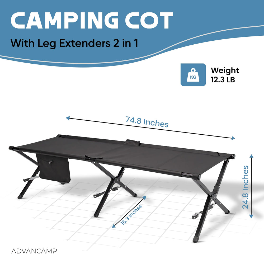 ADVANCAMP Ultralight Camping Cot folded size demonstrates compact portability for tight spaces.