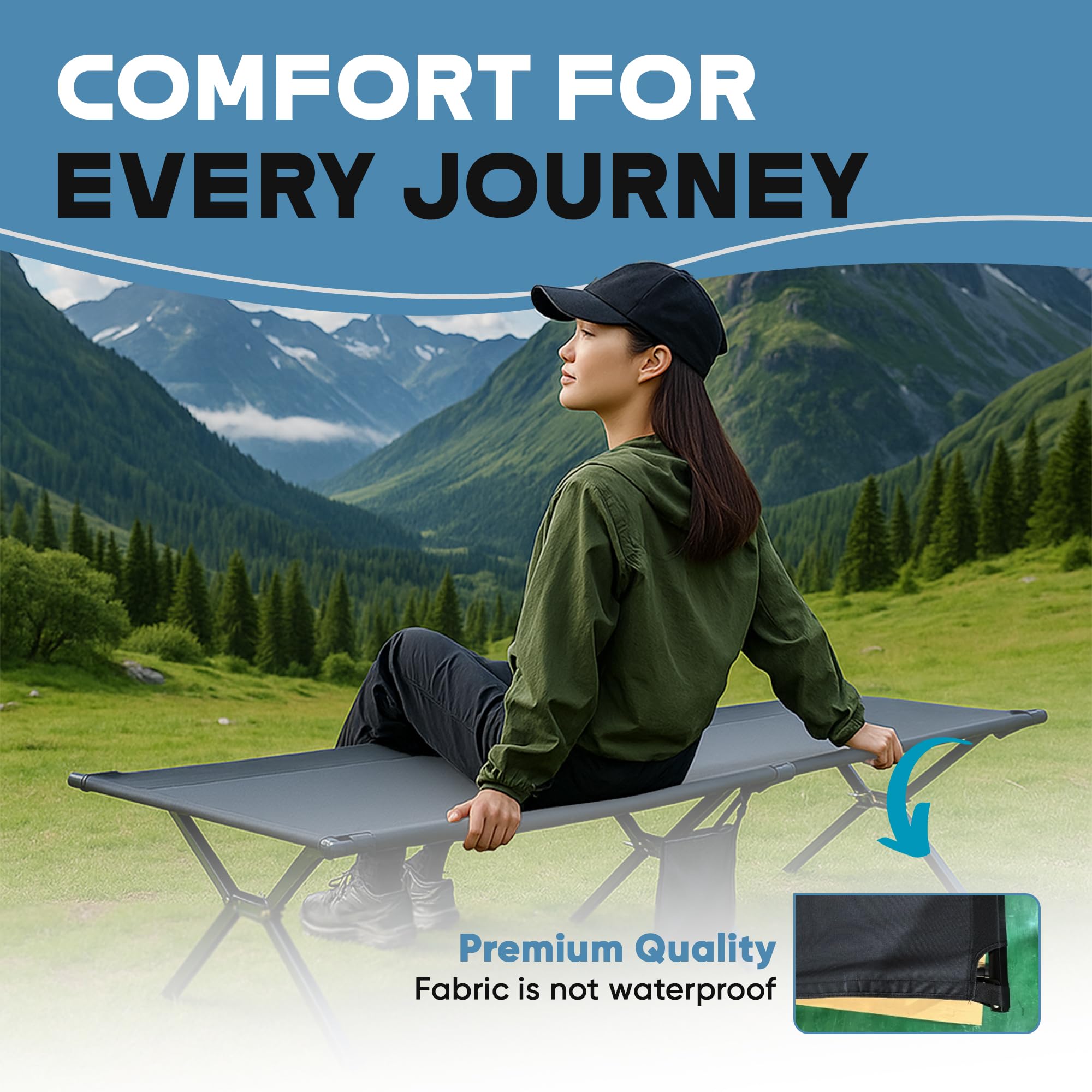 ADVANCAMP Ultralight Camping Cot powder-coated steel frame provides sturdy support.