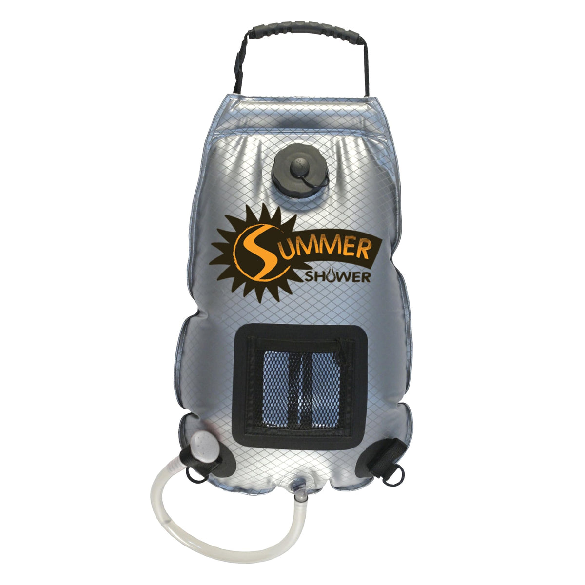 Advanced Elements Summer Shower under sun with solar panel heating water for outdoor use.