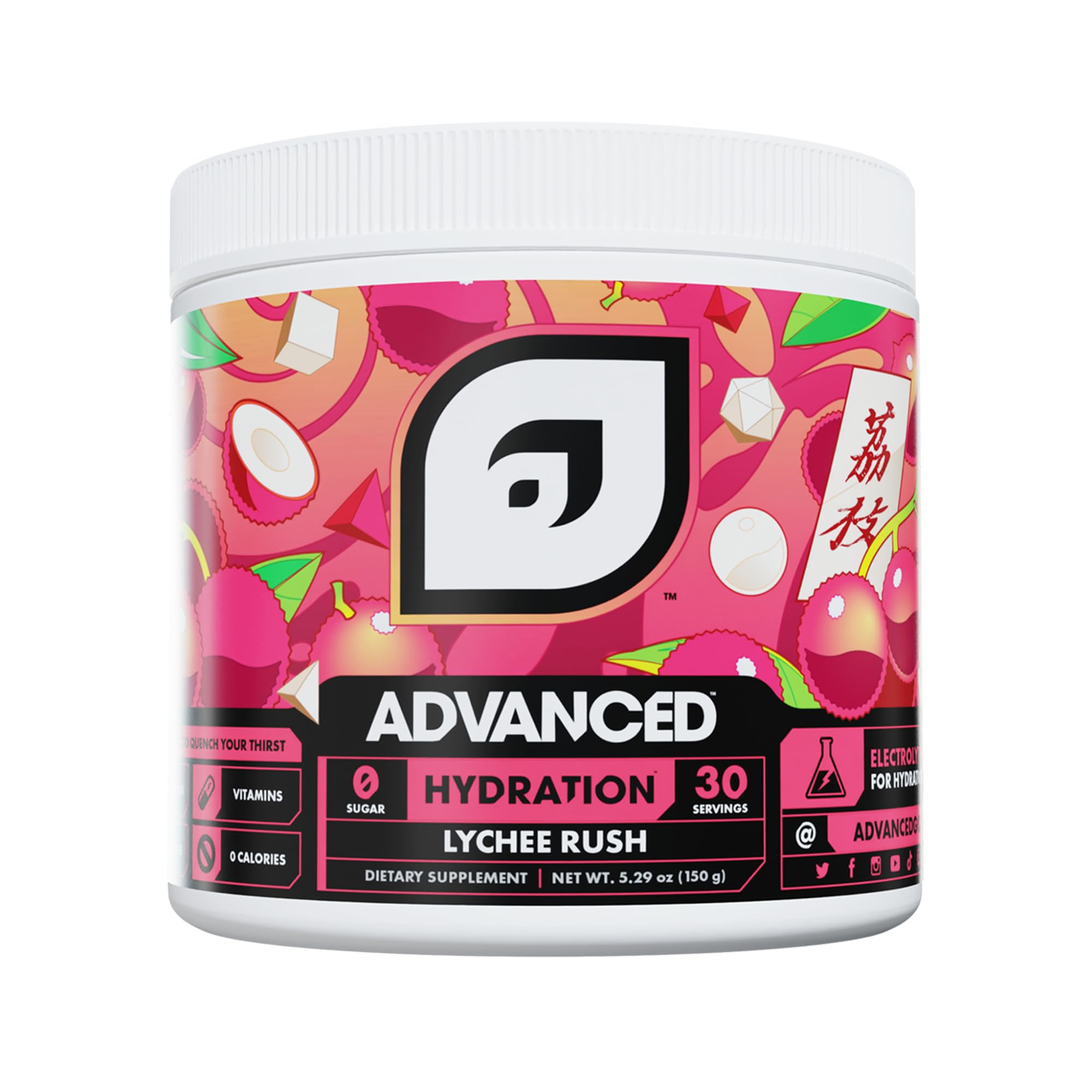 Advanced Hydration Lychee Rush bottle closeup, caffeine-free electrolyte mix for all-day hydration.