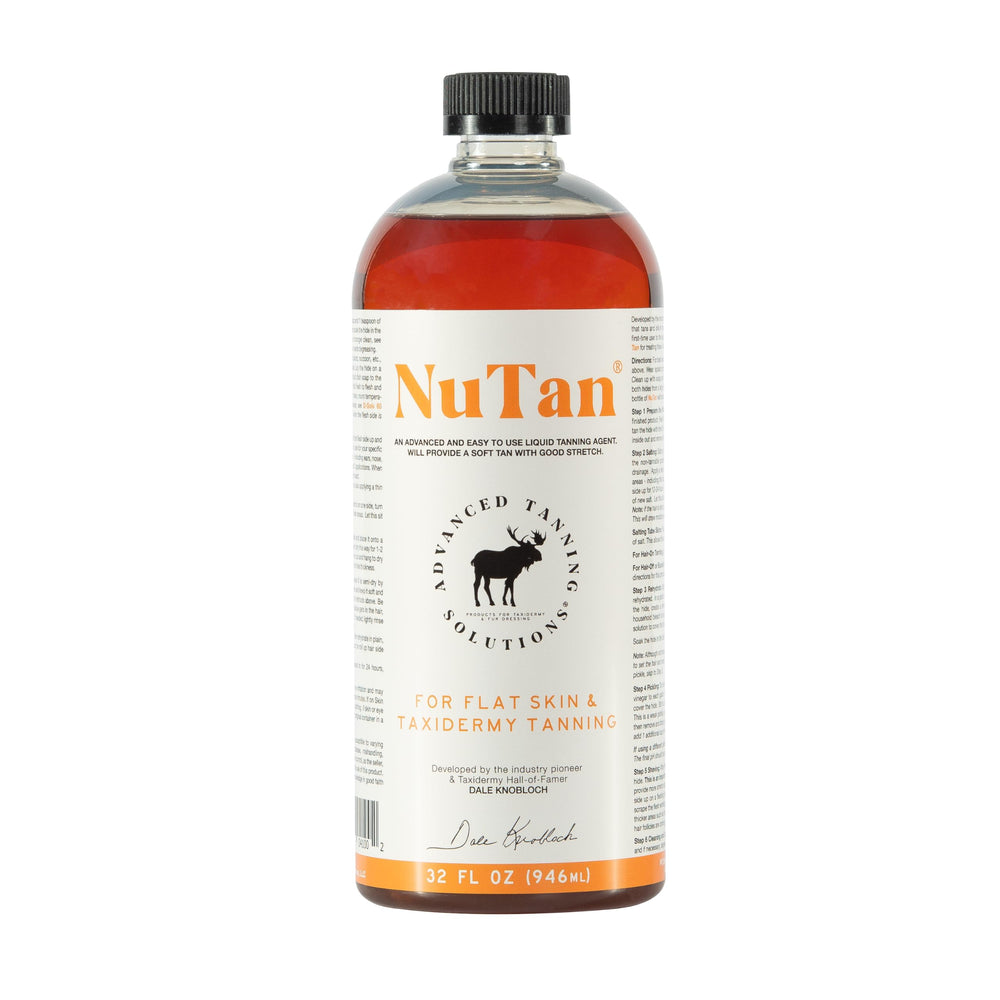 NuTan 32oz bottle—Advanced Tanning Solutions—versatile hide tanning for hunters.