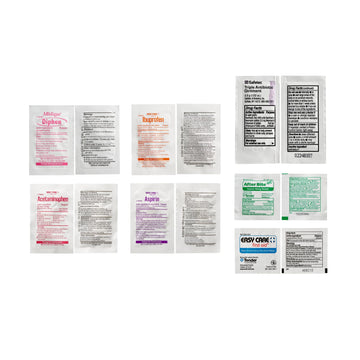 Adventure Medical Kits medications assortment closeup highlighting pain relief and allergy options