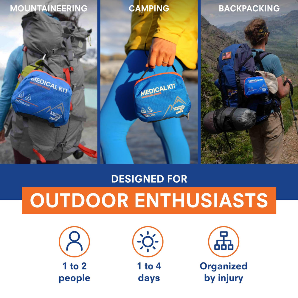 Adventure Medical Kits Mountain Series opened kit shows labeled pockets for fast access.