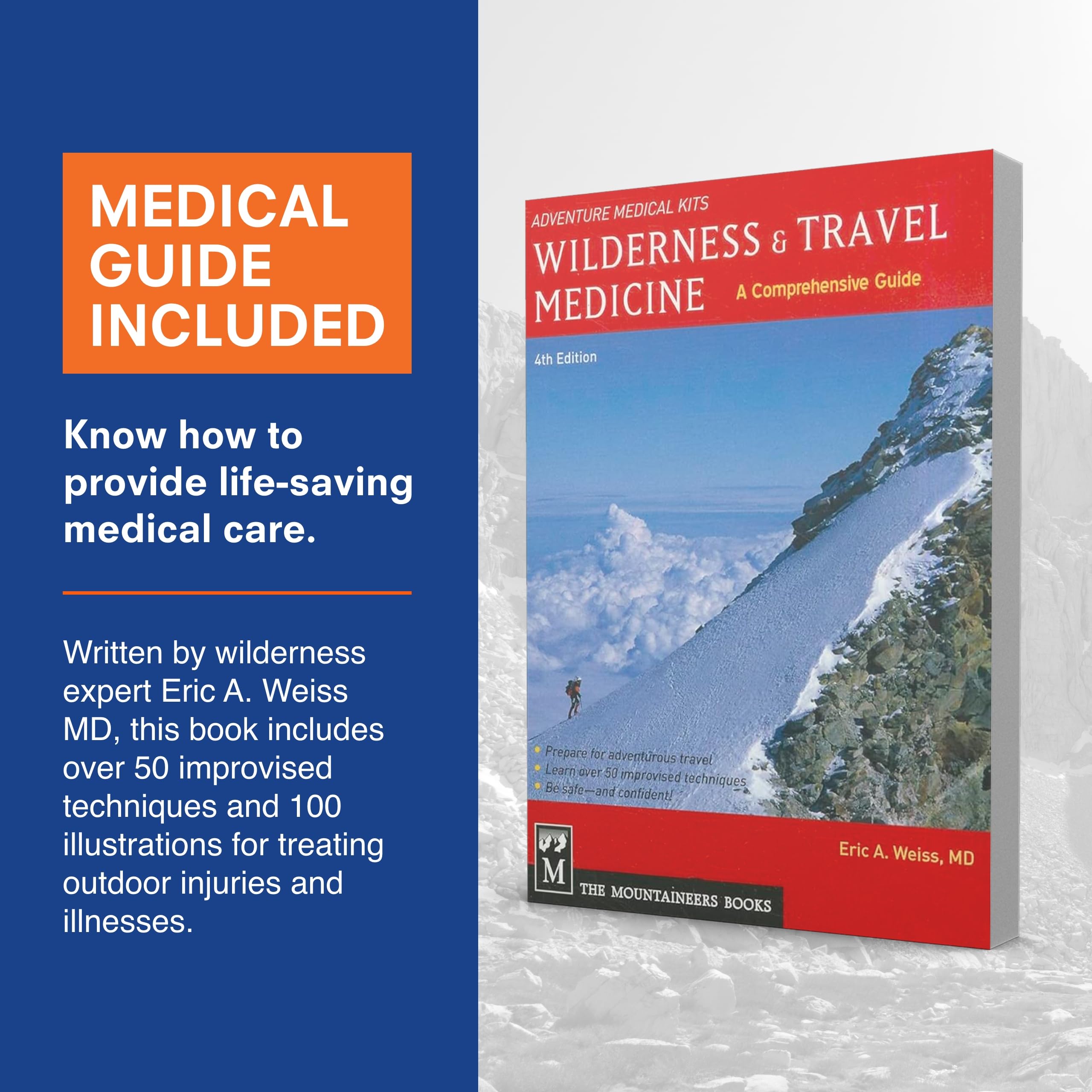 Adventure Medical Kits Mountain Series wilderness first aid guide included for on-site reference.